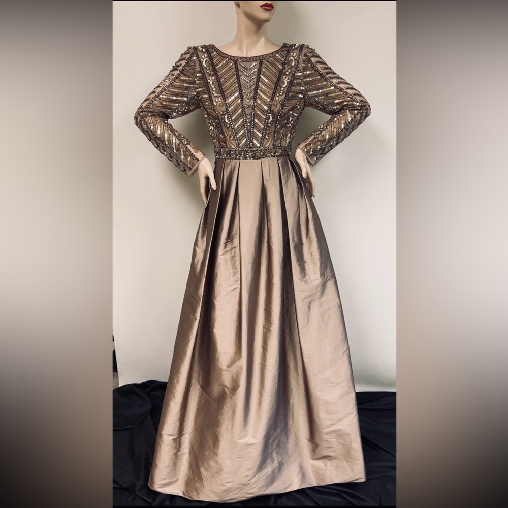 Aidan Mattox beaded long sleeves pleated with pockets long gown